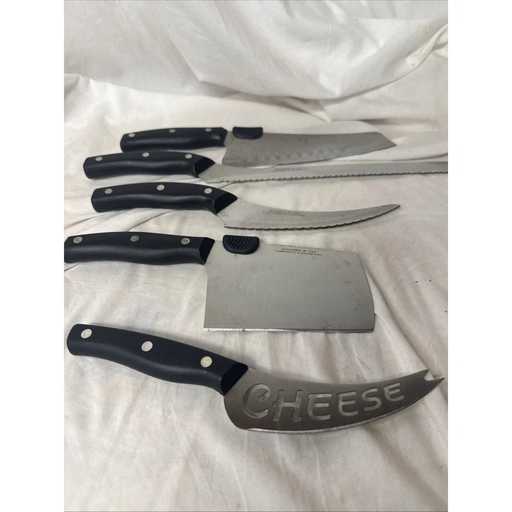 Miracle Blade III 5 Pc Knife Chop Carve Cheese Rock Filet 17 Slot Wood Block Lot